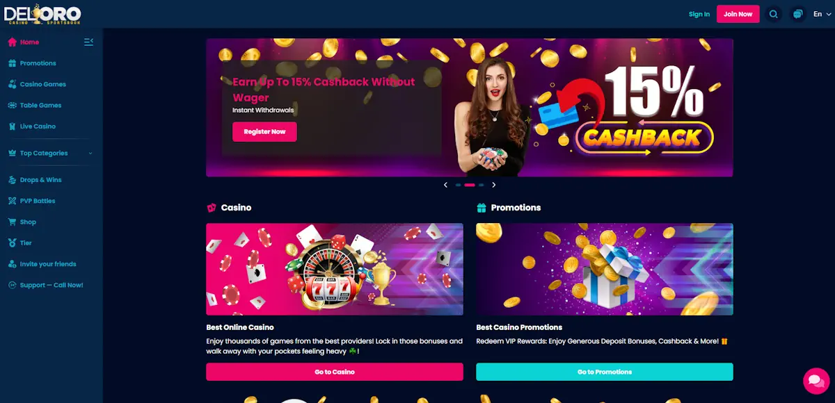 Del Oro Casino and Cashback Screenshot